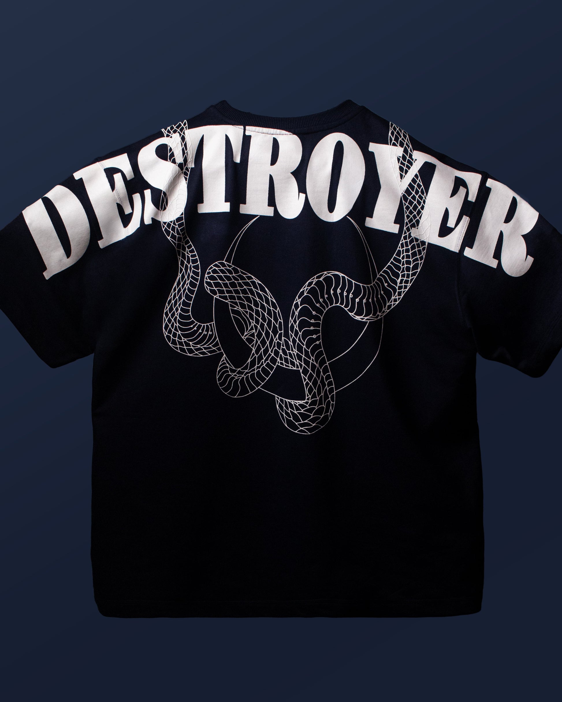 Full back view of the DVYNDRIP Destroyer T-shirt showcasing oversized DESTROYER text and coiled serpent design