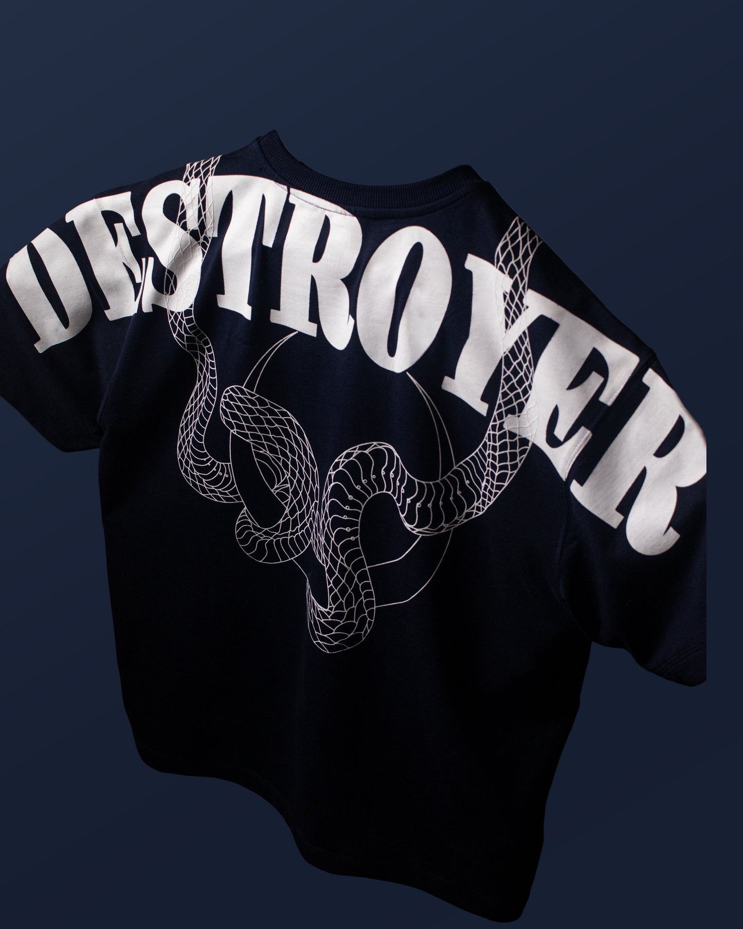 Angled back view of the DVYNDRIP Destroyer T-shirt featuring bold DESTROYER typography and serpent line graphic
