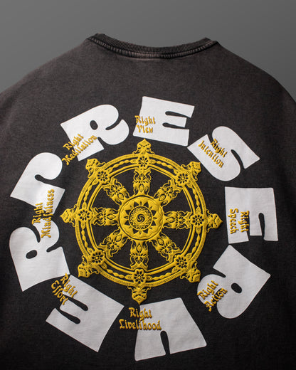 Full back view of the DVYNDRIP Preserver T-shirt featuring an eight-spoked dharmic wheel and PRECEPT text