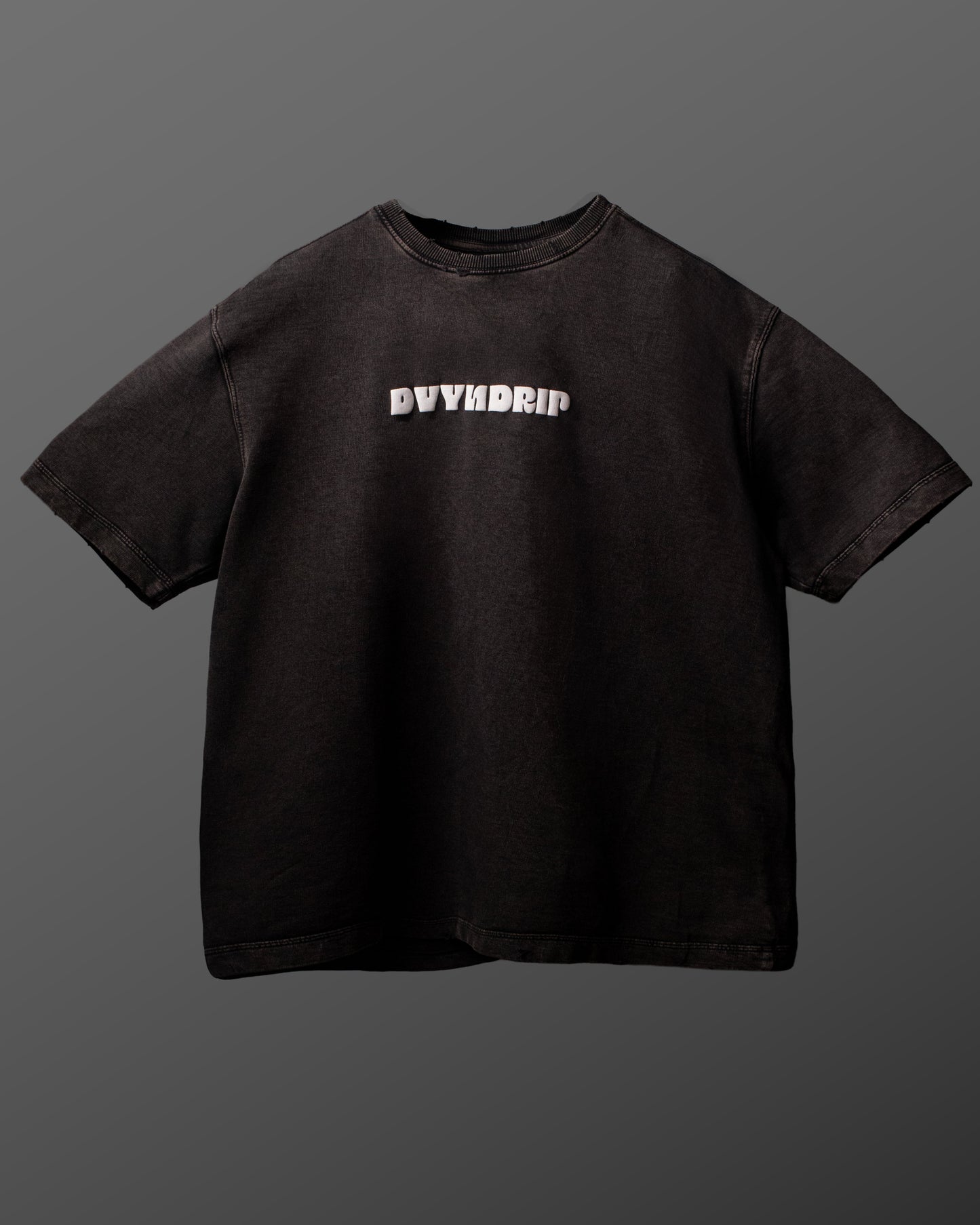 Full front view of the DVYNDRIP Preserver T-shirt in dark fabric with a clean minimalist silhouette